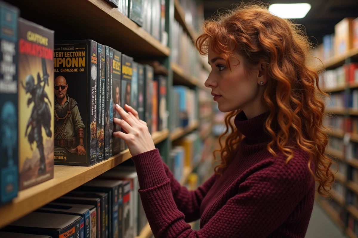 Femme cherchant une édition française de livre Warhammer dans un magasin de jeux spécialisé