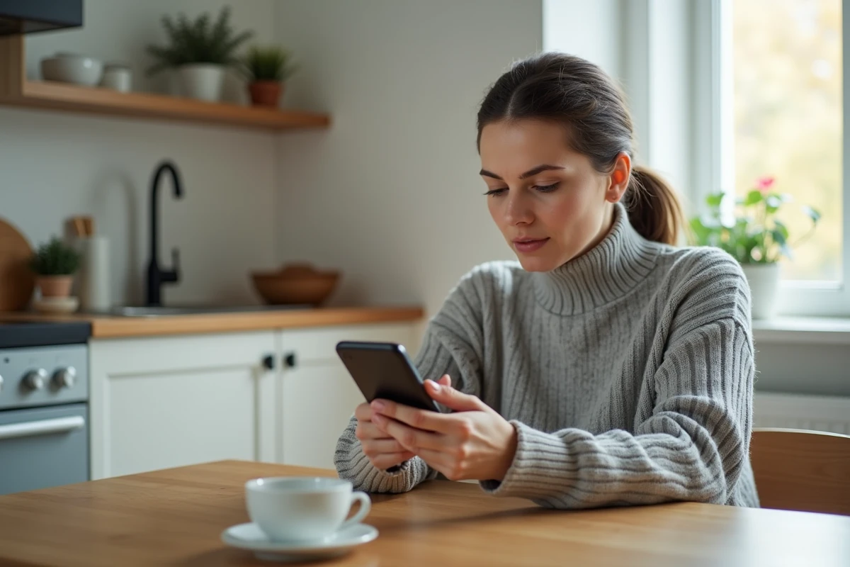 Femme cherchant un numéro de téléphone portable gratuitement sur son smartphone à la maison