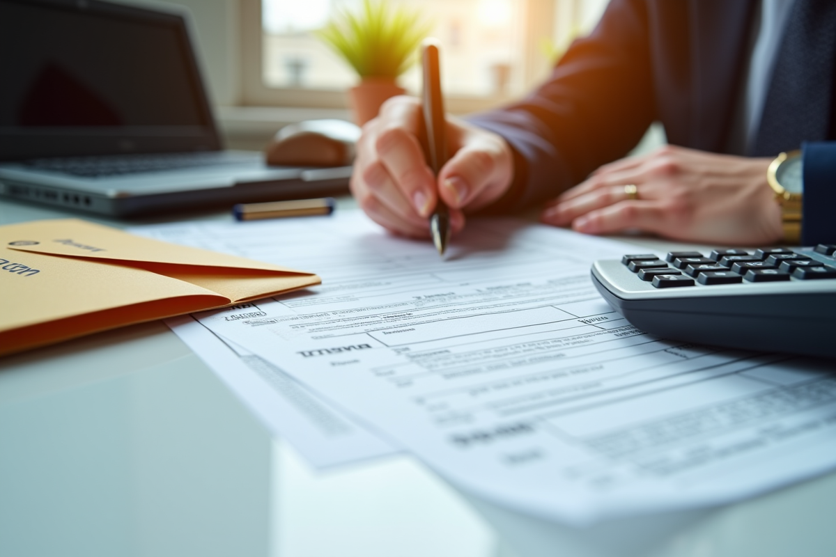 Gros plan sur des mains remplissant un formulaire fiscal avec une calculatrice et une enveloppe