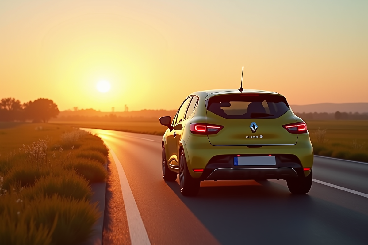 Renault Clio 3 en conduite sur route de campagne au coucher du soleil