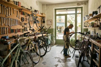 Atelier de réparation de vélos dans les Alpes-Maritimes avec mécanicien au travail et outils accrochés au mur