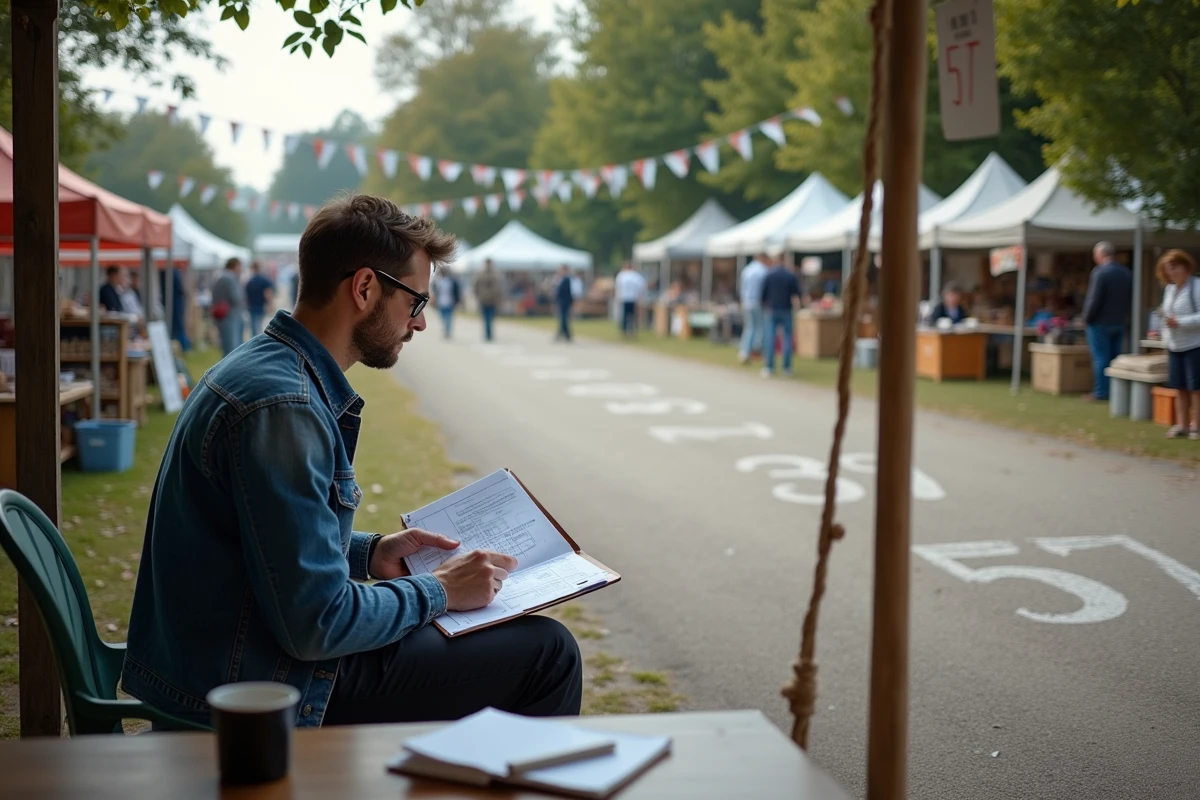 Organisateur de brocante en Moselle consultant un plan de réservation des emplacements pour la saison 2026