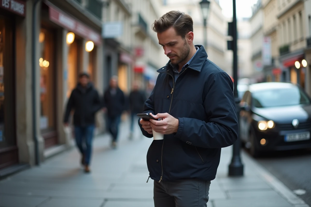 Jeune homme dans la rue consultant son smartphone pour retrouver un numéro portable gratuitement