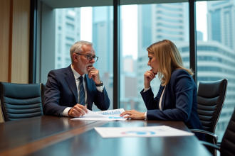 Homme et femme en réunion d'affaires avec graphiques