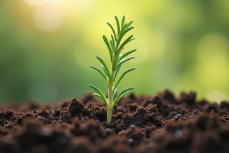 Brin de romarin fraîchement planté dans la terre humide
