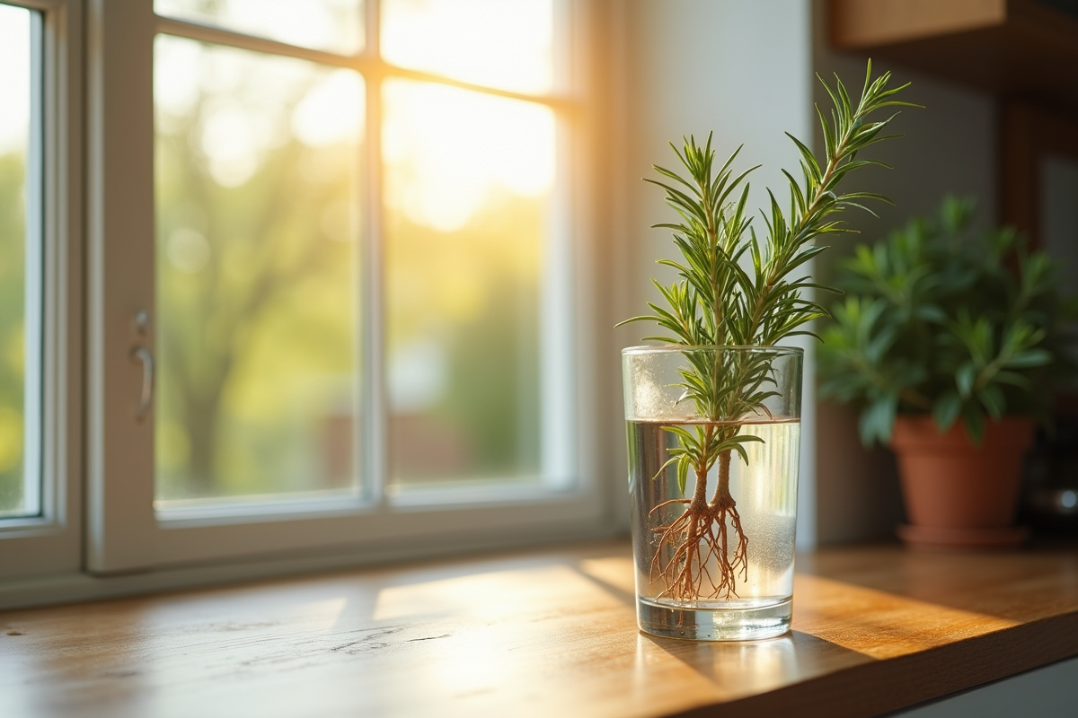 Racines de romarin dans un verre d