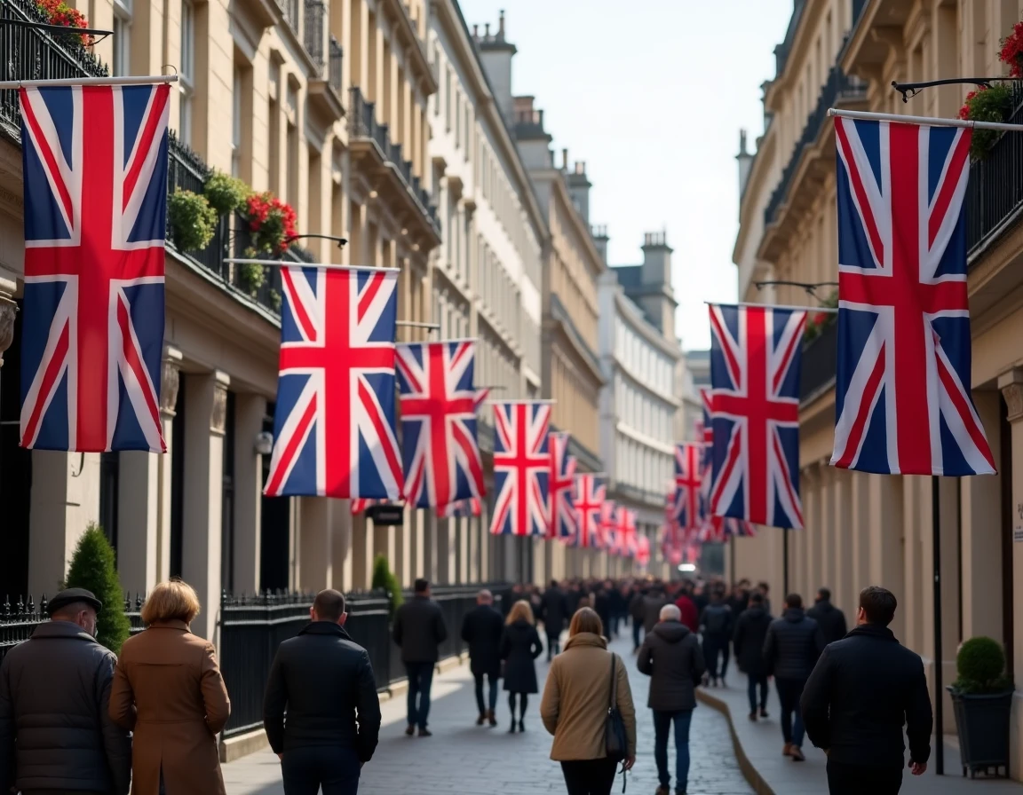 Vue de rue londonienne avec plusieurs drapeaux du Royaume-Uni et drapeaux régionaux britanniques accrochés sur des façades en pierre historiques