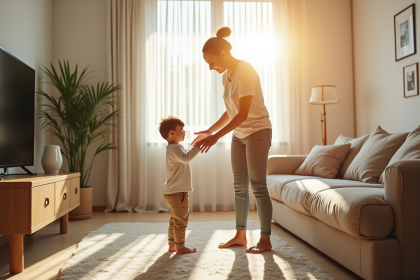 Salon lumineux avec une femme aidant un enfant à se relever