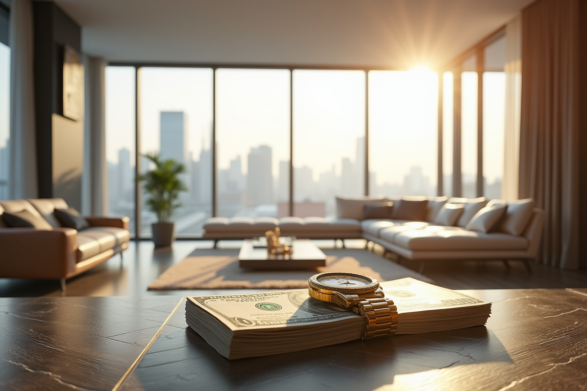Salon de luxe avec vue panoramique sur la ville et objets de richesse