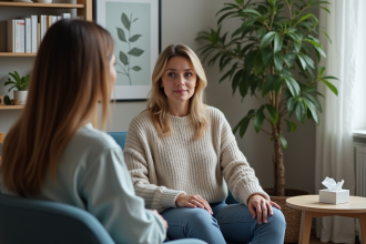 Femme en thérapie avec un conseiller dans un bureau apaisant