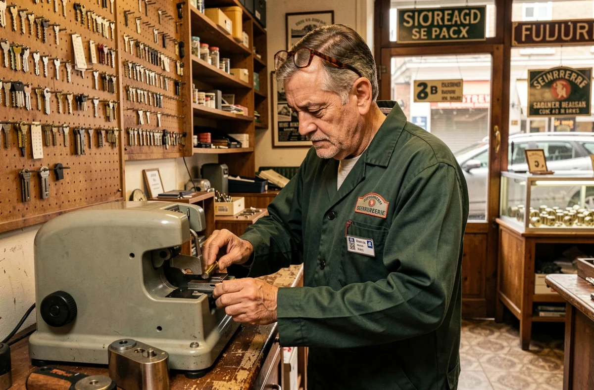 Serrurier de l'entreprise Serduco Dupays et Cie utilisant une machine à couper les clés dans sa boutique à Vitry-sur-Seine