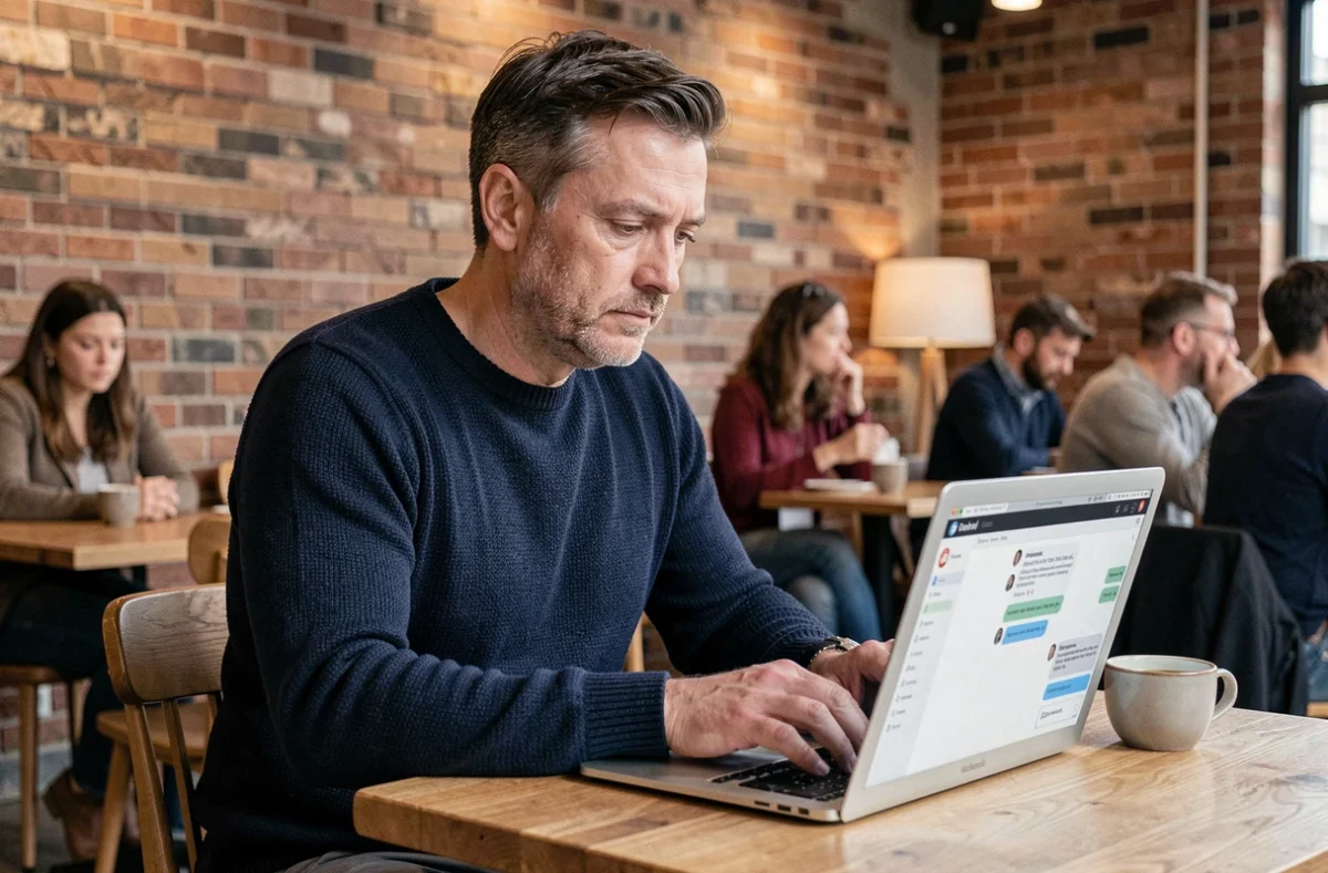 Homme contactant un service client en ligne via un chat sur ordinateur portable dans un café