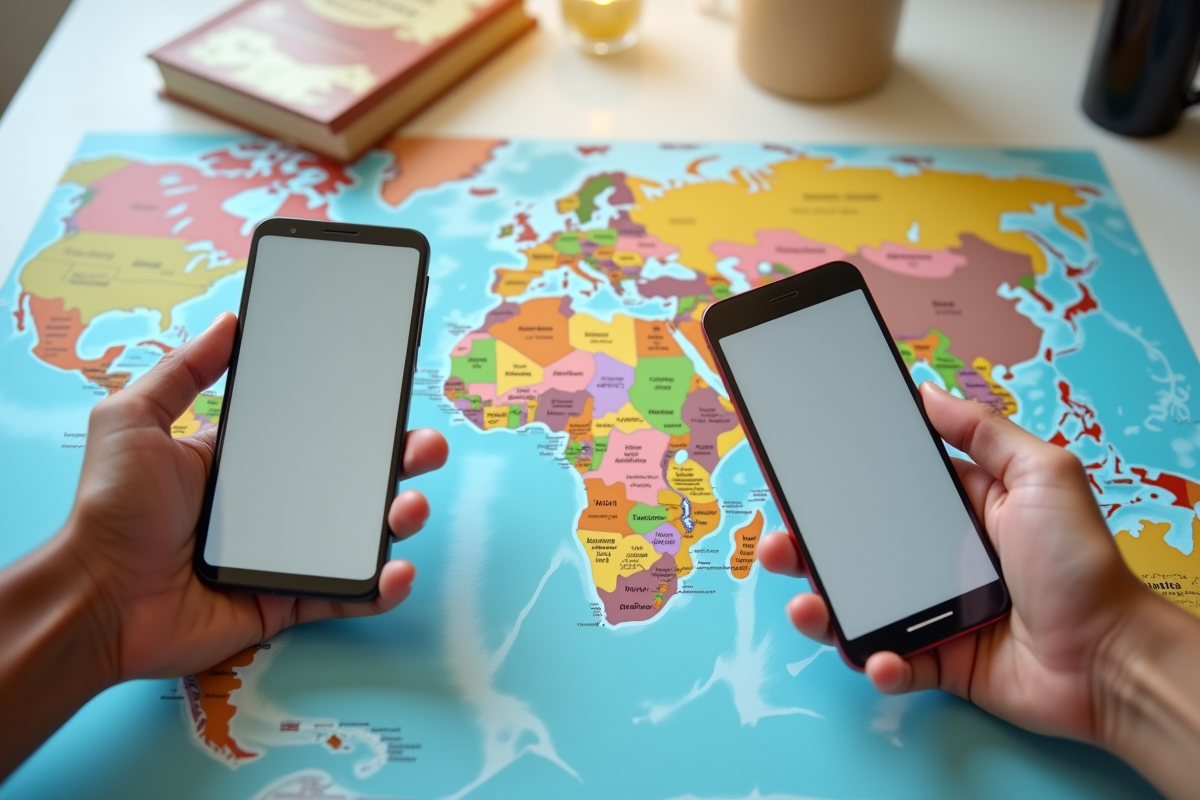 Deux smartphones avec traducteurs sur une carte du monde et guides de voyage
