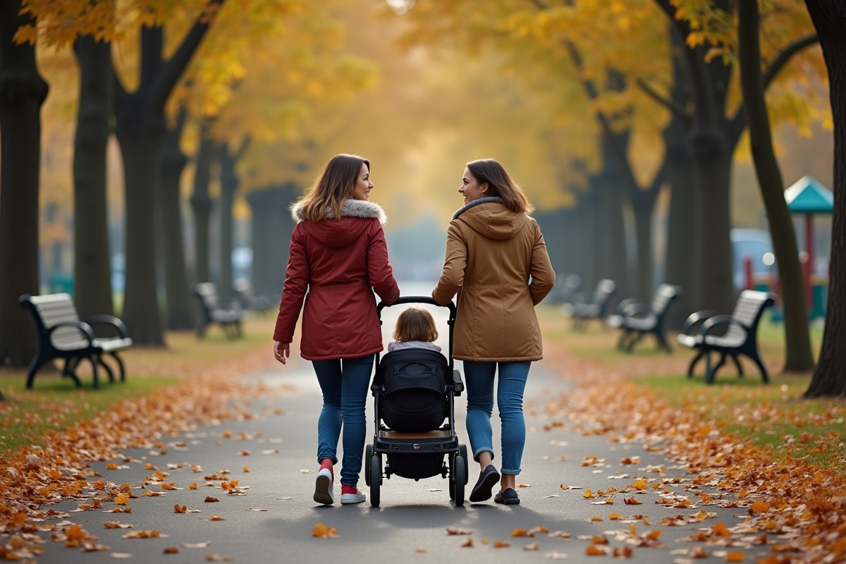 Soeurs marchant dans un parc en automne avec poussette