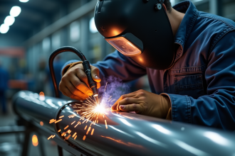 Soudeur TIG travaillant sur un tube en inox dans un atelier moderne