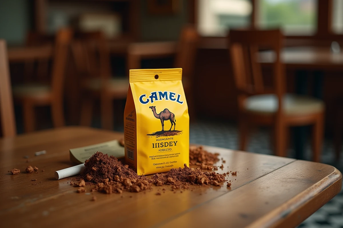 Paquet de tabac à rouler Camel 30g posé sur une table de café en bois avec du tabac épars et une cigarette à moitié roulée