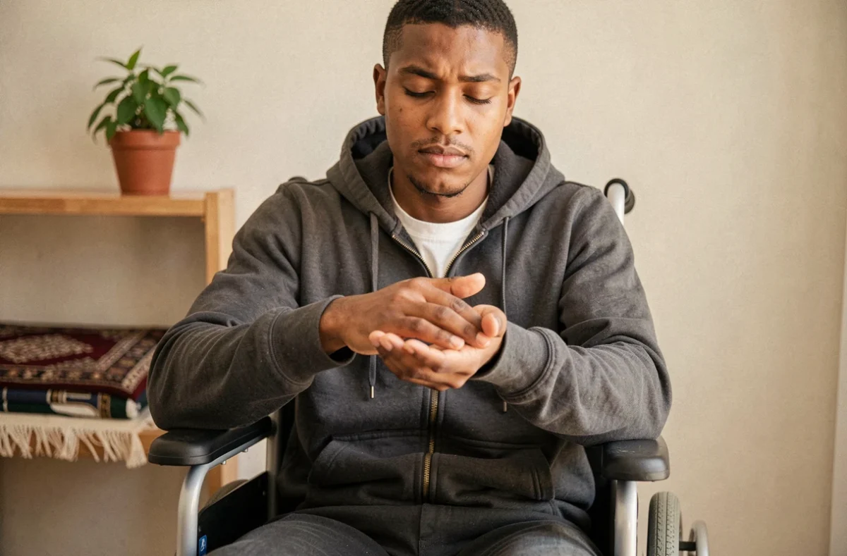 Jeune homme en fauteuil roulant à domicile effectuant le tayammum, une pratique pour les personnes à mobilité réduite