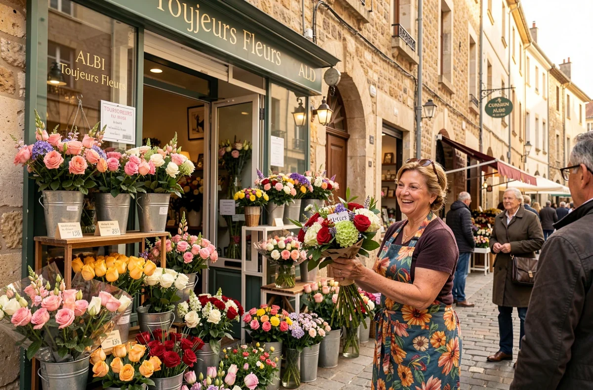 Fleuriste souriante de Toujours Fleurs à Albi présentant un grand bouquet à une cliente devant sa boutique