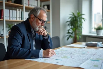 Urbaniste examinant une carte urbaine dans un bureau moderne