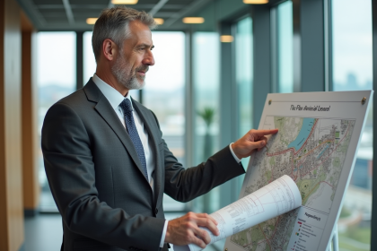 Urbaniste en costume noir pointant un plan de zonage urbain