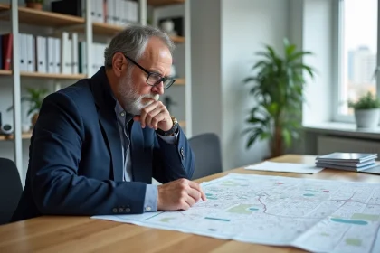 Urbaniste examinant une carte urbaine dans un bureau moderne
