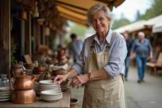 Vendeuse de brocante en Moselle arrangeant des objets anciens sur son stand lors d'une brocante en 2026