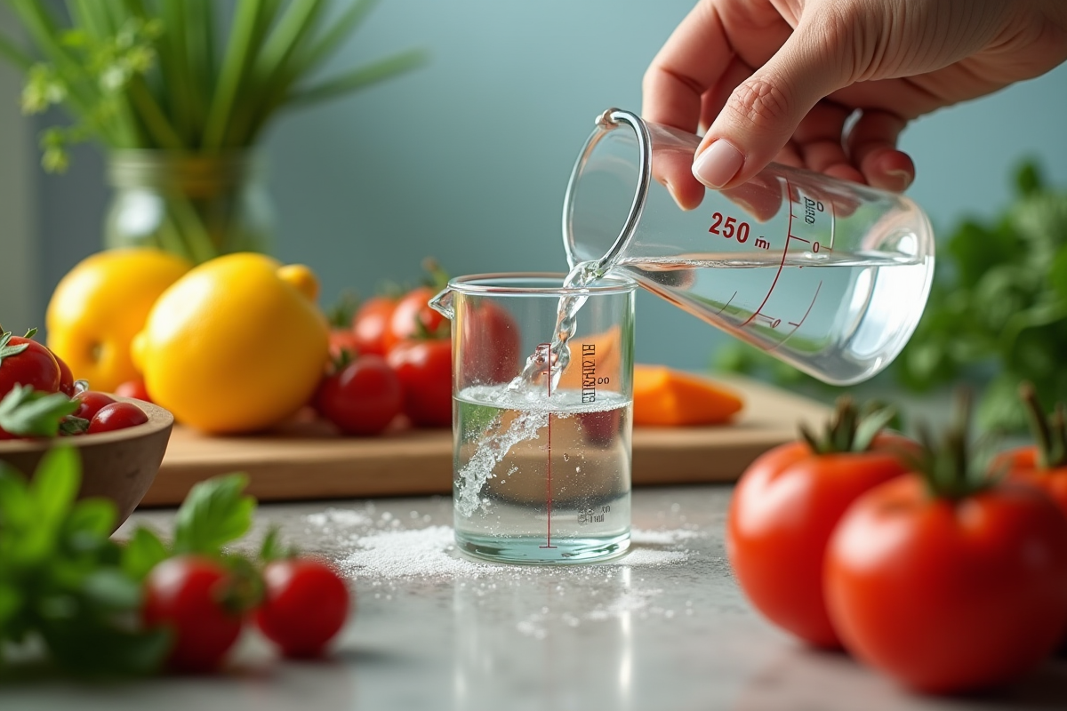 Main versant eau dans un bécher avec ingrédients frais en cuisine