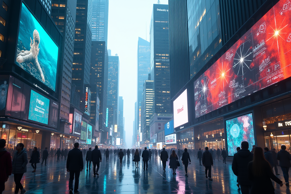 Ville avec interfaces AR et architecture virtuelle sous jour