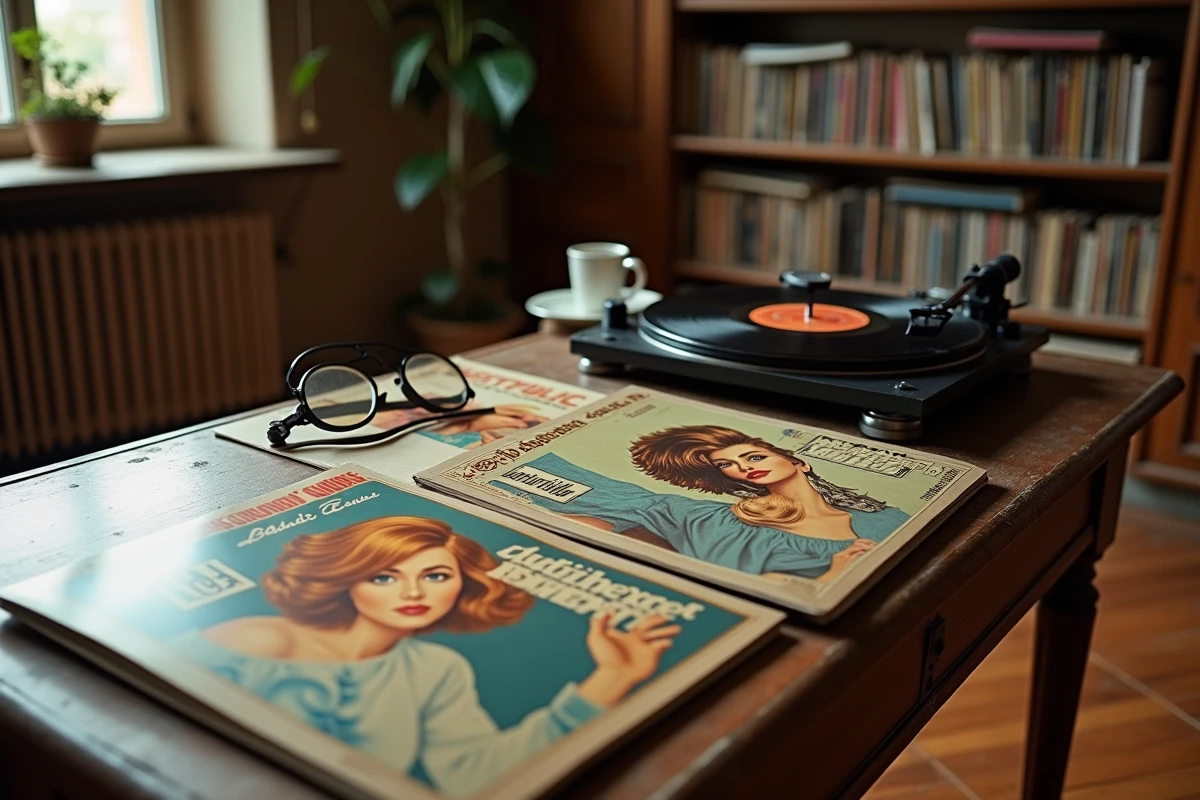Collection de vinyles italiens vintage sur une table en bois avec tourne-disque et tasse d'espresso dans un appartement rétro