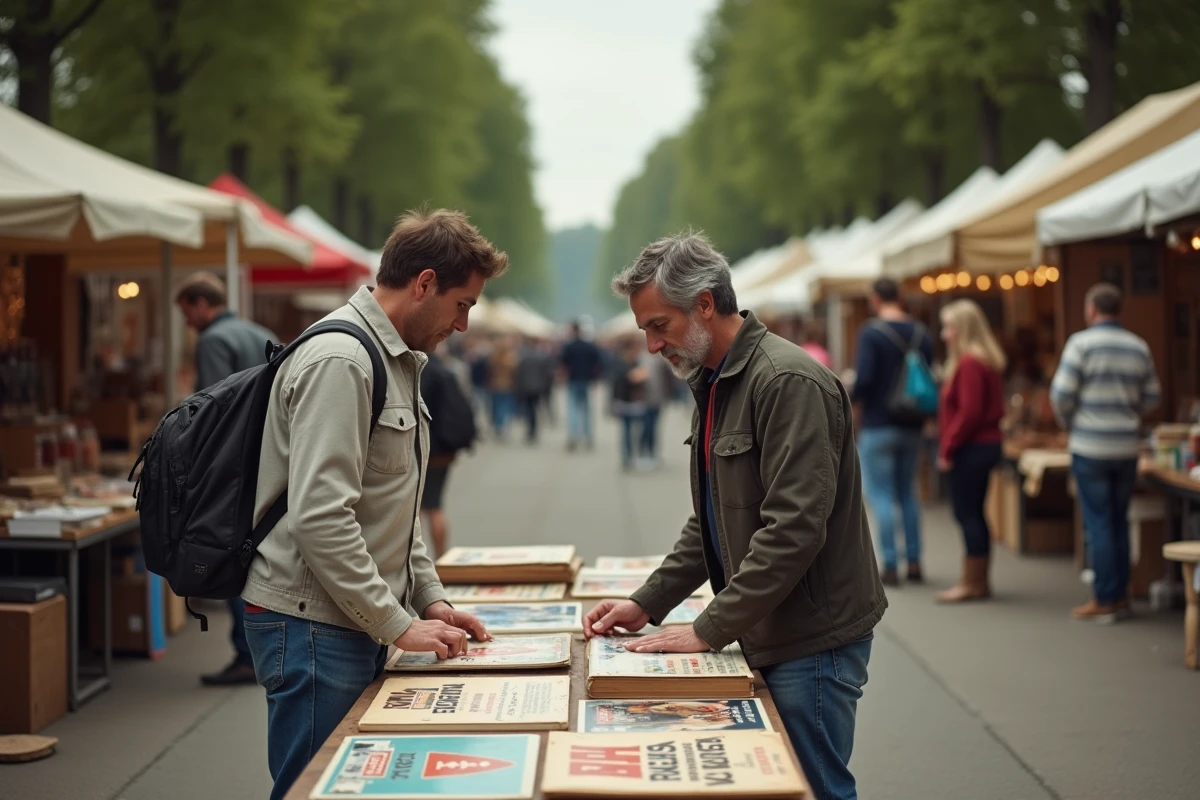 Visiteurs d'une brocante en Moselle découvrant des objets anciens et affiches vintage sur un stand en plein air