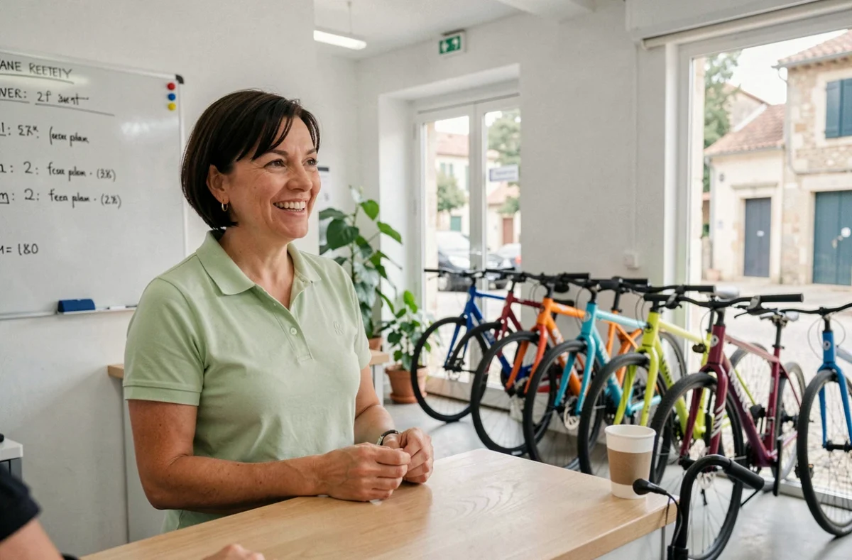 Propriétaire de Voix Cyclable accueillant un client dans une boutique vélo lumineuse avec des vélos urbains exposés