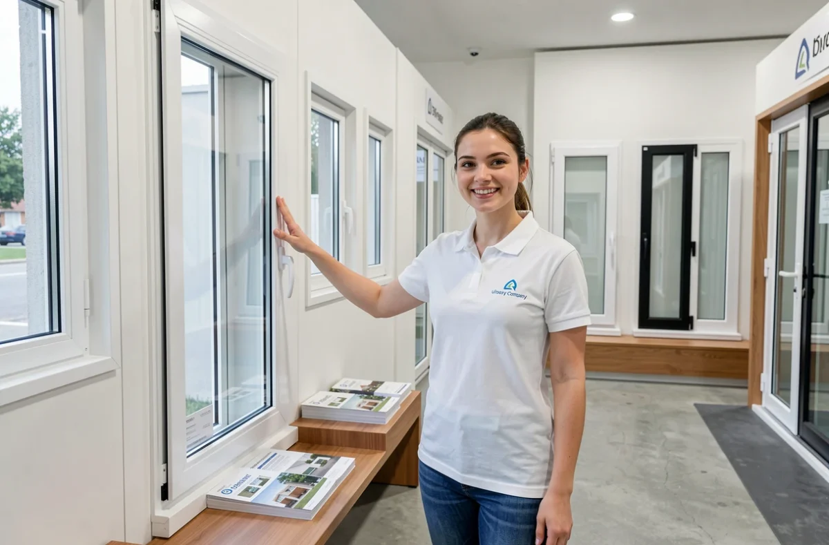 Technicienne d'Ysofa présentant des systèmes de fenêtres en PVC dans un showroom moderne à Vitry-sur-Seine